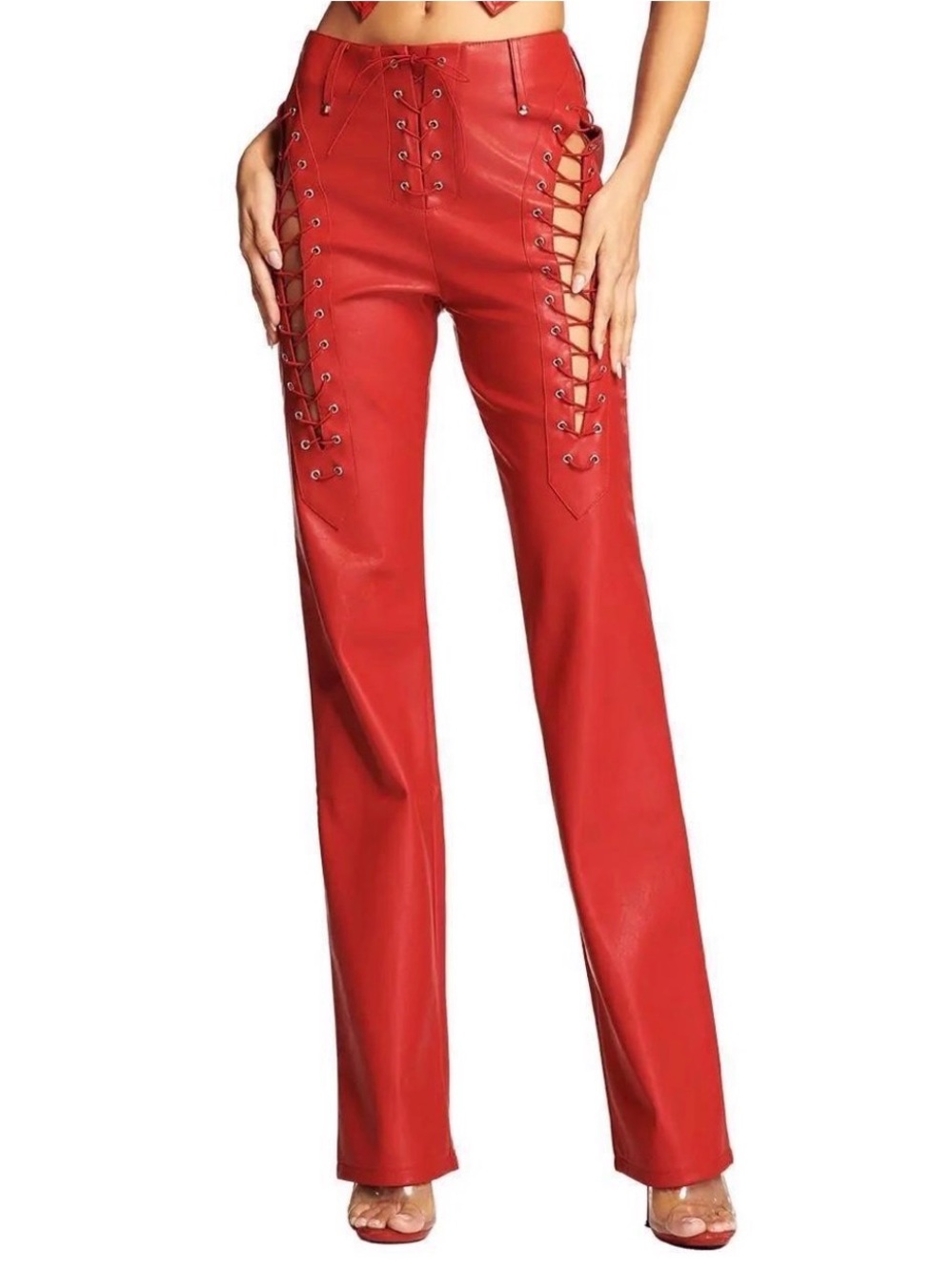 I.AM.GIA Red Lace-Up Cut-out Faux Leather Flare Pants Size Small